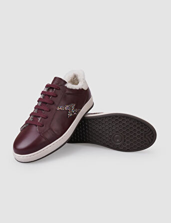%100 Hakiki Deri Bordo Bağcıklı Kürklü Kadın Sneaker