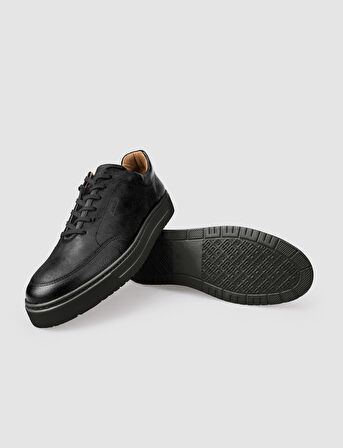 %100 Hakiki Deri Siyah Bağcıklı Erkek Spor Ayakkabı