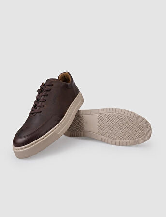 %100 Hakiki Deri Kahverengi Bağcıklı Erkek Spor Ayakkabı