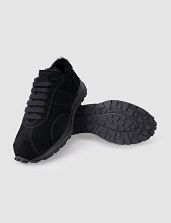 Cabani %100 Hakiki Deri Siyah Süet Kürklü Kadın Spor Ayakkabı