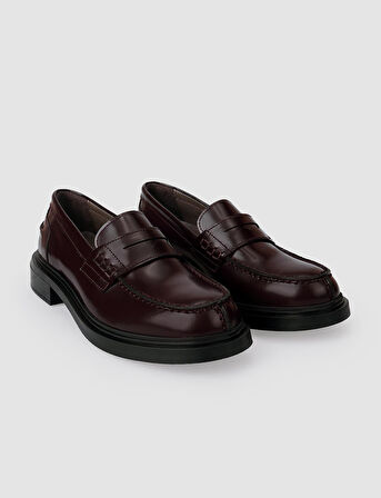 %100 Hakiki Deri Bordo Açma Kadın Loafer Ayakkabı