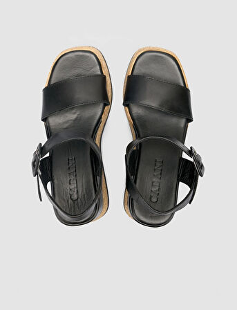 %100 Hakiki Deri Siyah Kadın Sandalet