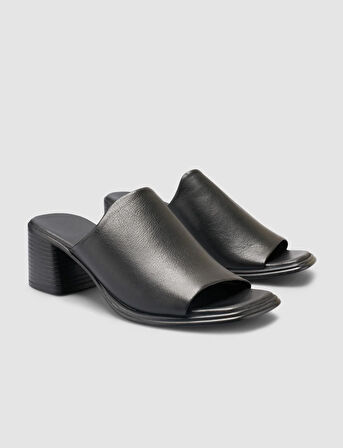 %100 Hakiki Deri Topuklu Siyah Kadın Terlik