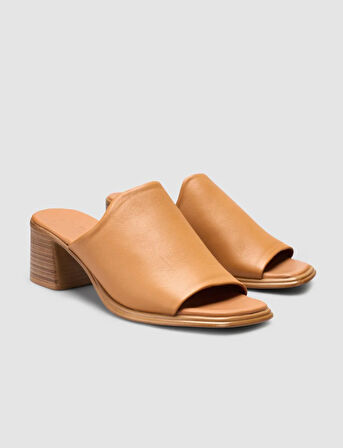 %100 Hakiki Deri Topuklu Taba Kadın Terlik