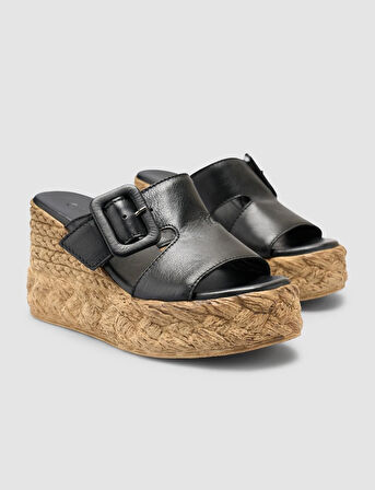 %100 Hakiki Deri Siyah Dolgu Topuk Kadın Terlik