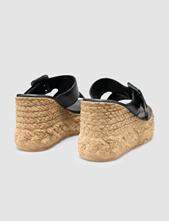 %100 Hakiki Deri Siyah Dolgu Topuk Kadın Terlik