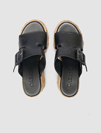 %100 Hakiki Deri Siyah Dolgu Topuk Kadın Terlik