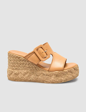 %100 Hakiki Deri Taba Dolgu Topuk Kadın Terlik