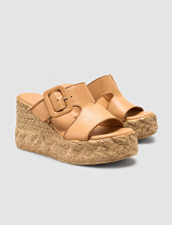 %100 Hakiki Deri Taba Dolgu Topuk Kadın Terlik