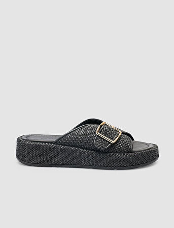 Hasır Detaylı Siyah Kadın Terlik