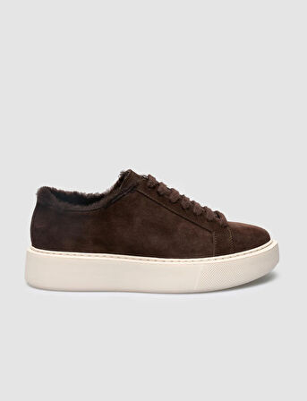 %100 Hakiki Deri Kahverengi Süet Kürklü Kadın Sneaker