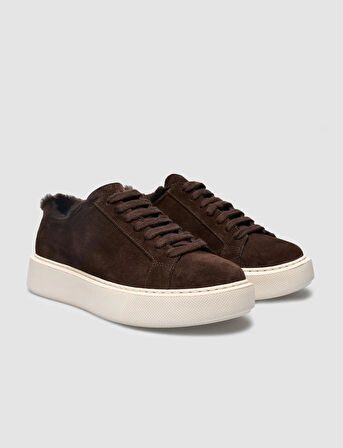 %100 Hakiki Deri Kahverengi Süet Kürklü Kadın Sneaker