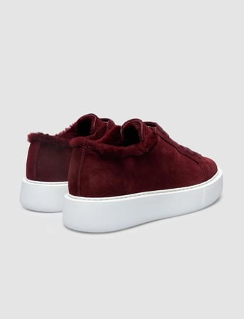 %100 Hakiki Deri Bordo Süet Kürklü Kadın Sneaker