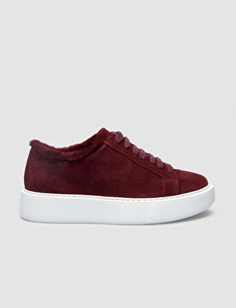 %100 Hakiki Deri Bordo Süet Kürklü Kadın Sneaker
