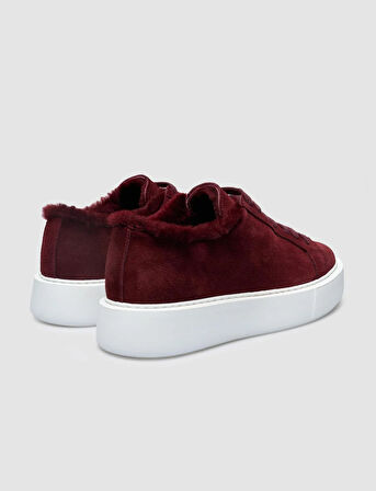 %100 Hakiki Deri Bordo Süet Kürklü Kadın Sneaker