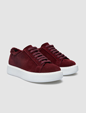 %100 Hakiki Deri Bordo Süet Kürklü Kadın Sneaker
