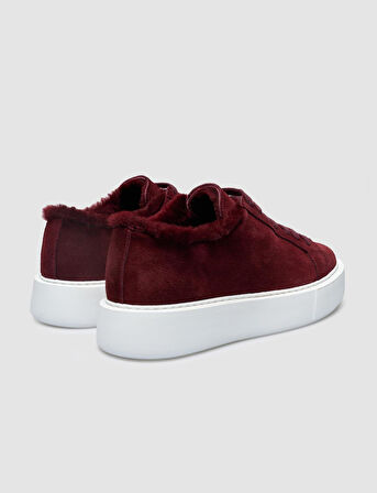 %100 Hakiki Deri Bordo Süet Kürklü Kadın Sneaker