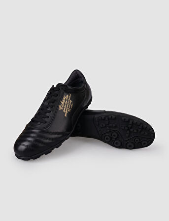 %100 Hakiki Deri Siyah Bağcıklı Erkek Halı Saha Ayakkabısı