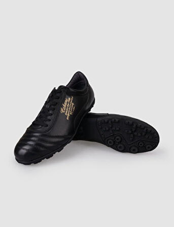 %100 Hakiki Deri Siyah Bağcıklı Erkek Halı Saha Ayakkabısı