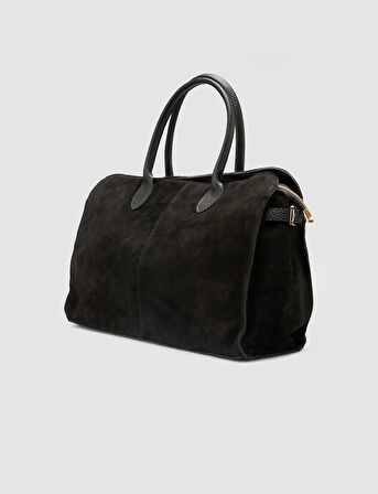 %100 Hakiki Deri Siyah Süet Kadın El Çantası