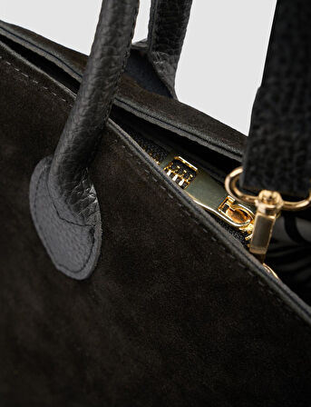 %100 Hakiki Deri Siyah Süet Kadın El Çantası