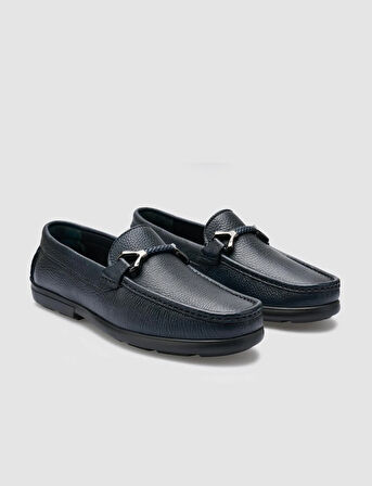 %100 Hakiki Deri Lacivert Toka Detaylı Erkek Loafer