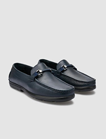 %100 Hakiki Deri Lacivert Toka Detaylı Erkek Loafer