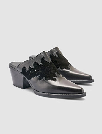 %100 Hakiki Deri Siyah Kadın Kovboy Terlik