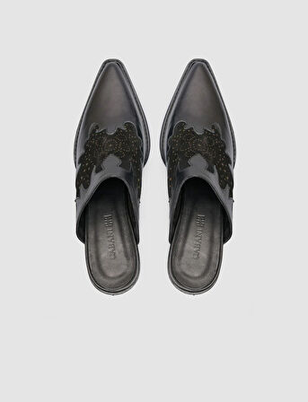 %100 Hakiki Deri Siyah Kadın Kovboy Terlik