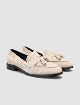 %100 Hakiki Deri Bej Süet Kadın Loafer