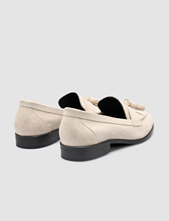 %100 Hakiki Deri Bej Süet Kadın Loafer