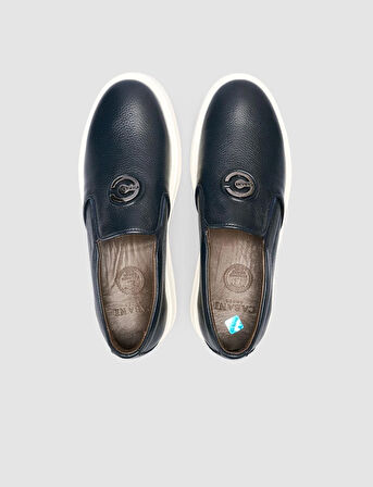 %100 Hakiki Deri Lacivert Logo Detaylı Erkek Günlük Ayakkabı