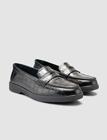 %100 Hakiki Deri Siyah Croco Desen Kadın Loafer