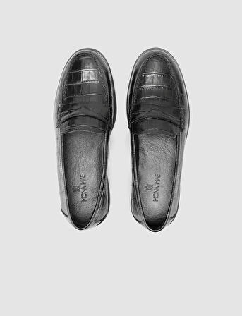 %100 Hakiki Deri Siyah Croco Desen Kadın Loafer