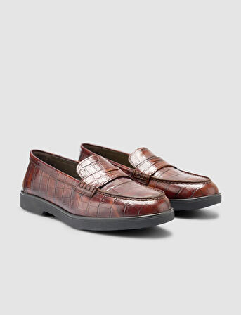 %100 Hakiki Deri Kahverengi Croco Desen Kadın Loafer