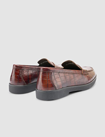 %100 Hakiki Deri Kahverengi Croco Desen Kadın Loafer