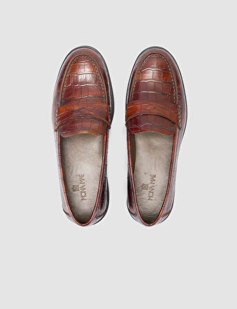 %100 Hakiki Deri Kahverengi Croco Desen Kadın Loafer