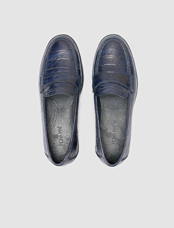 %100 Hakiki Deri Lacivert Croco Desen Kadın Loafer