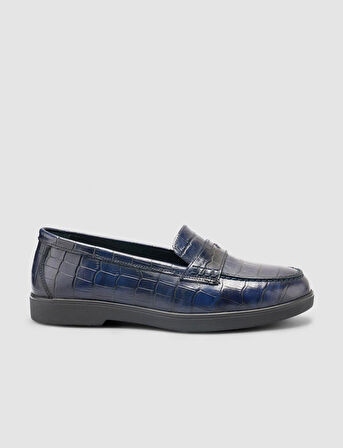 %100 Hakiki Deri Lacivert Croco Desen Kadın Loafer