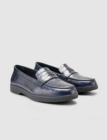 %100 Hakiki Deri Lacivert Croco Desen Kadın Loafer