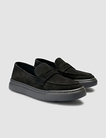 %100 Hakiki Deri Siyah Bantlı Süet Erkek Loafer