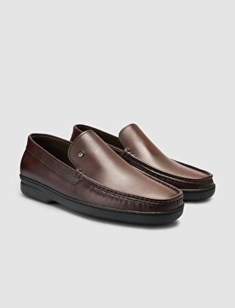 %100 Hakiki Deri Dikiş Detaylı Kahverengi Loafer Ayakkabı