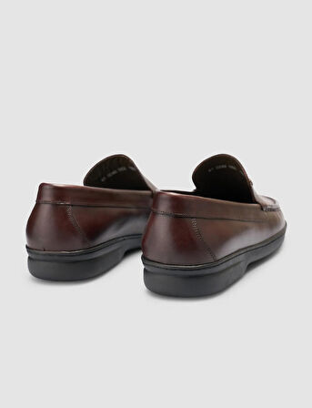 %100 Hakiki Deri Dikiş Detaylı Kahverengi Loafer Ayakkabı