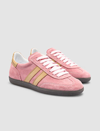 %100 Hakiki Deri Pembe Bağcıklı Kadın Sneaker