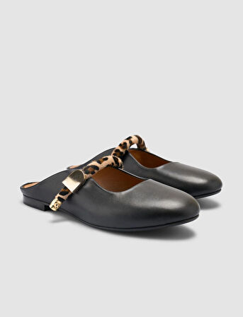 %100 Hakiki Deri Siyah Kadın Leopar Detay Terlik