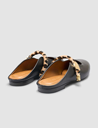%100 Hakiki Deri Siyah Kadın Leopar Detay Terlik