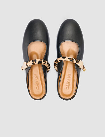 %100 Hakiki Deri Siyah Kadın Leopar Detay Terlik