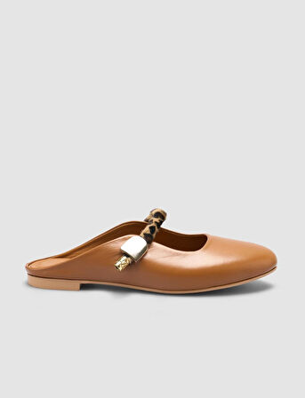 %100 Hakiki Deri Taba Kadın Leopar Detay Terlik