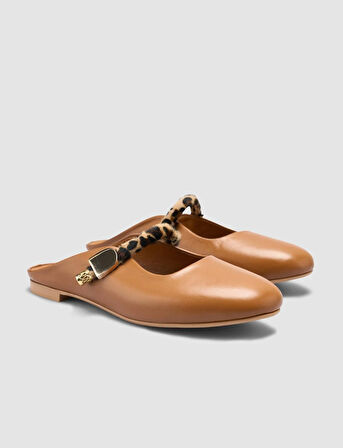 %100 Hakiki Deri Taba Kadın Leopar Detay Terlik