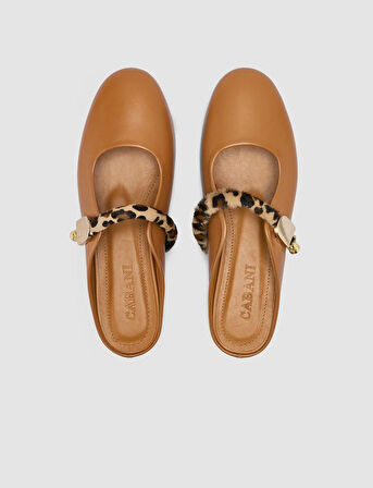 %100 Hakiki Deri Taba Kadın Leopar Detay Terlik